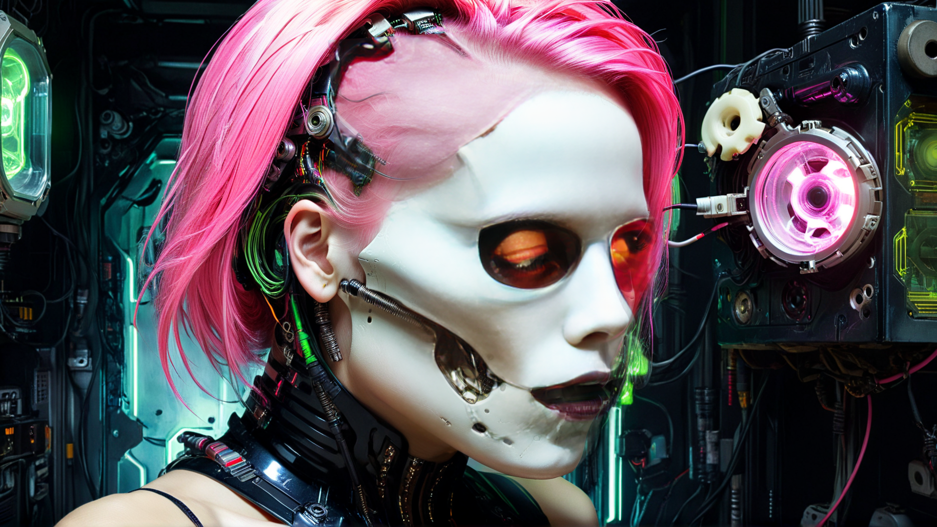 AI generated wallpaper featuring cyborg, woman, neon