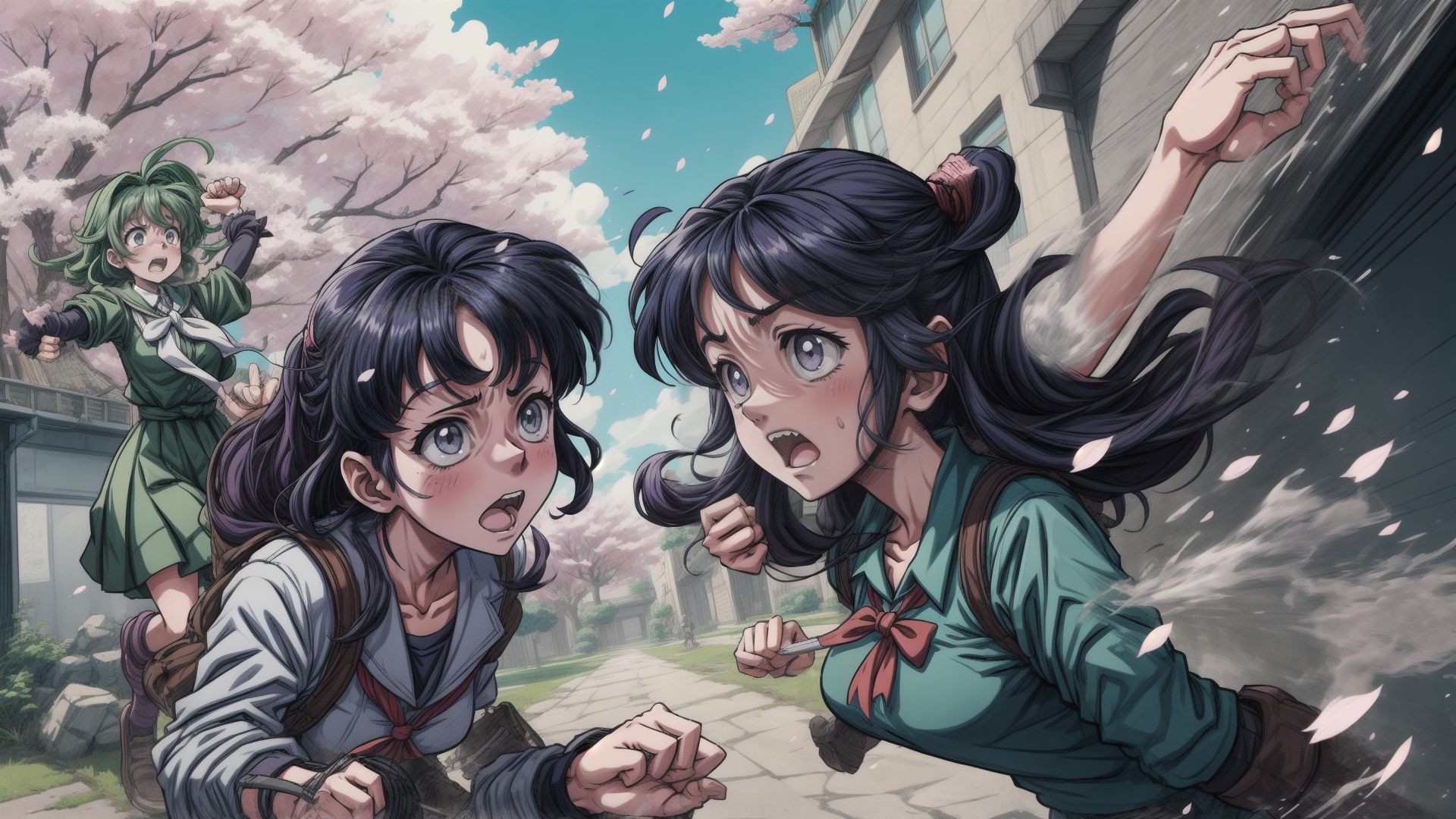 AI generated wallpaper featuring girls, cherry blossoms, school