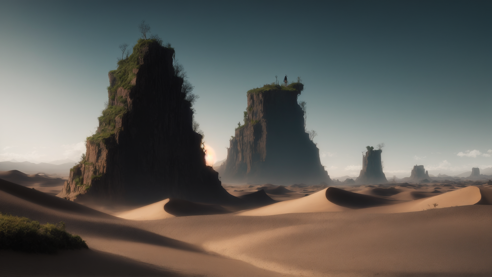 AI generated wallpaper featuring desert, rock formations, person