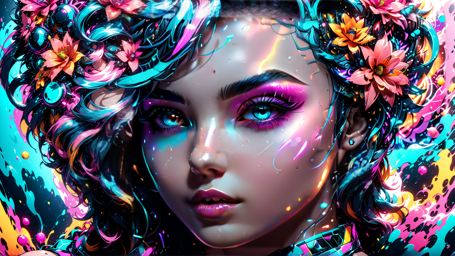 AI generated wallpaper featuring woman, flowers, neon