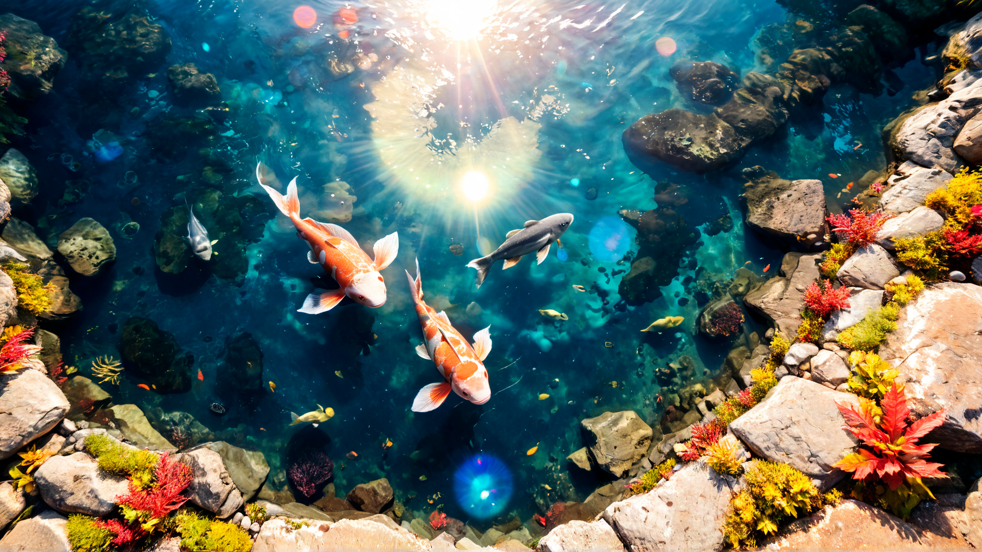 AI generated wallpaper featuring koi fish, sunlight, rocks
