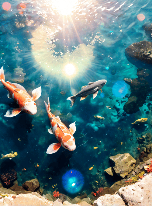 koi fish, sunlight, rocks