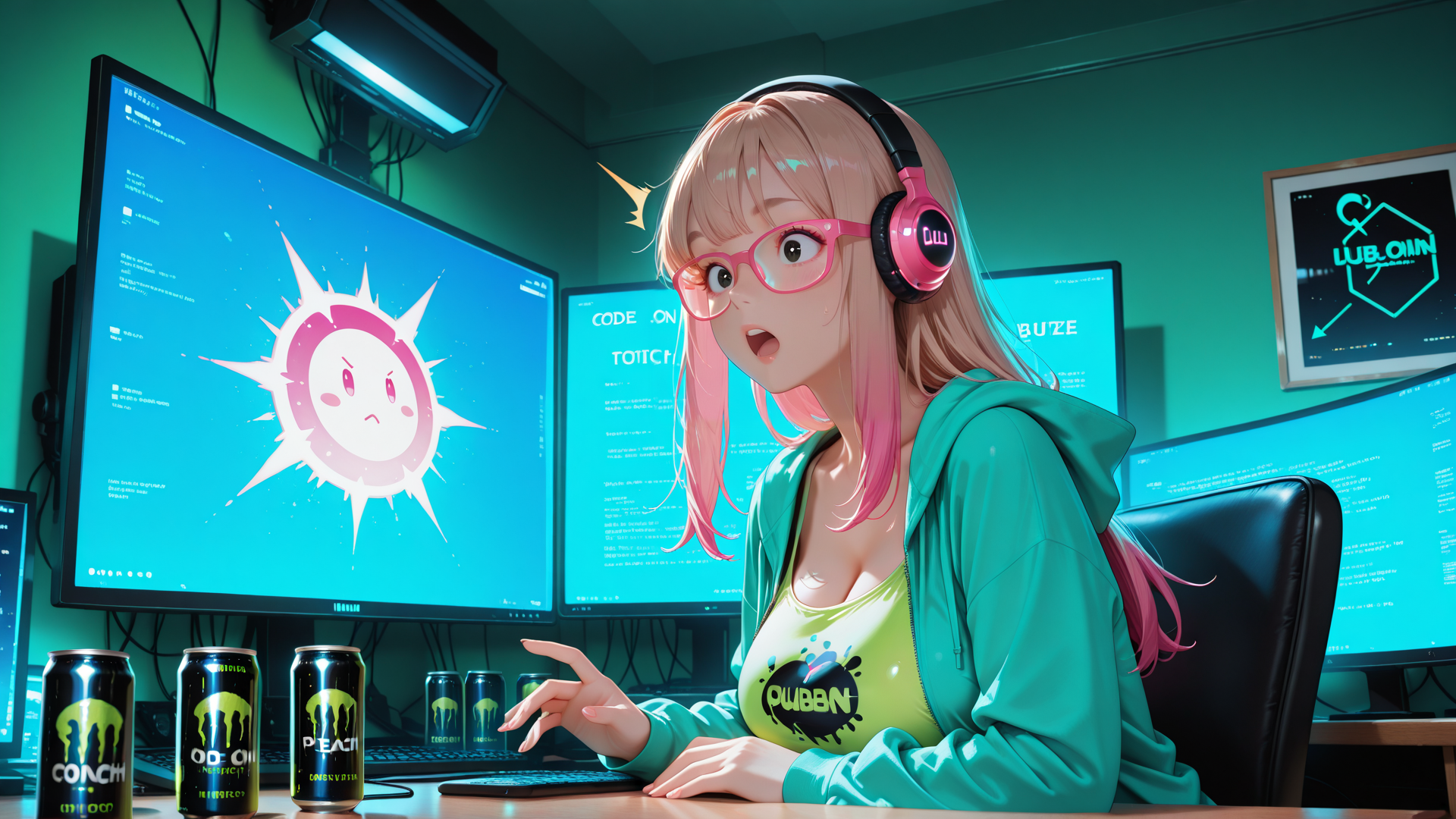 AI generated wallpaper featuring anime girl, headphones, monitor, computer, cans, glasses, chair, desk, screen, code