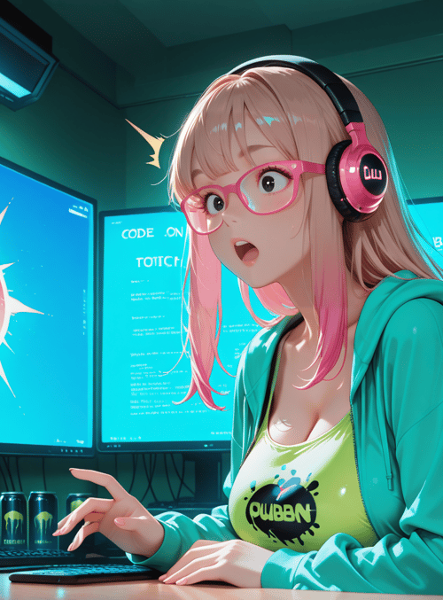 anime girl, headphones, monitor, computer, cans, glasses, chair, desk, screen, code