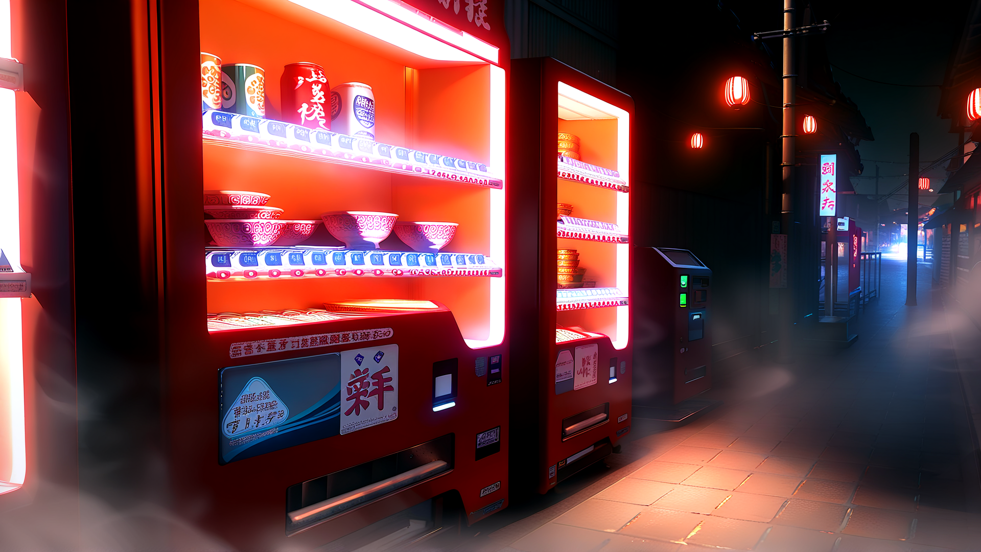 AI generated wallpaper featuring vending machine, street, bowl, can, lantern, signboard, night, building, advertisement, neon