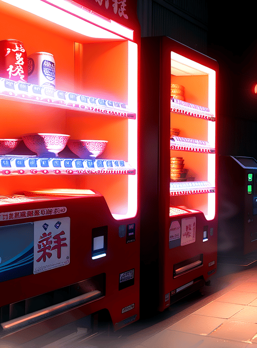 vending machine, street, bowl, can, lantern, signboard, night, building, advertisement, neon