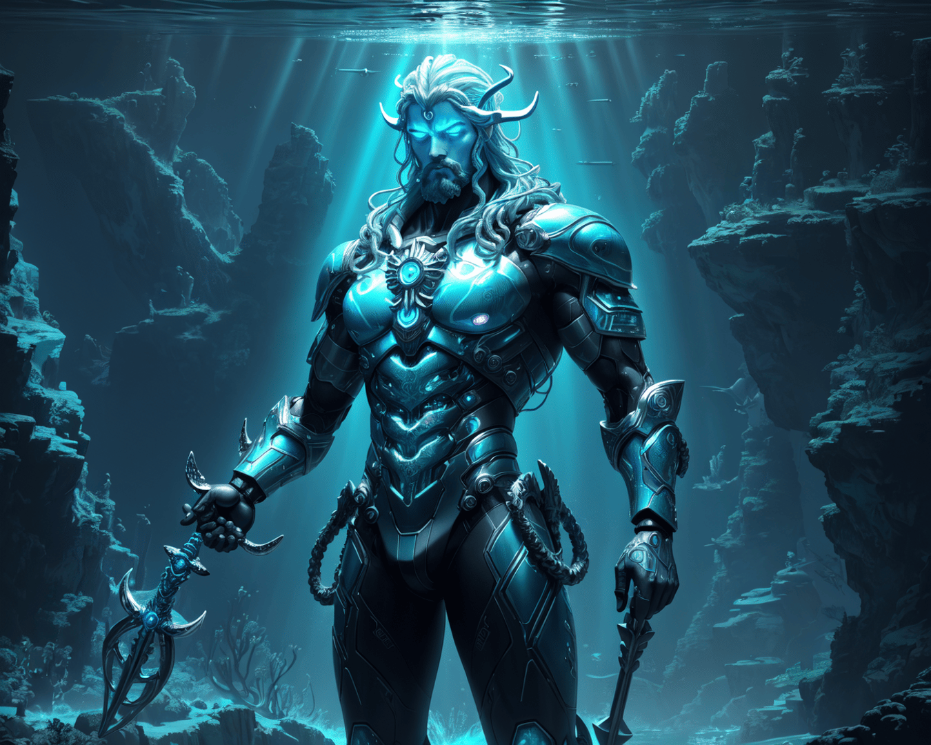 AI generated wallpaper featuring god, merman, armor