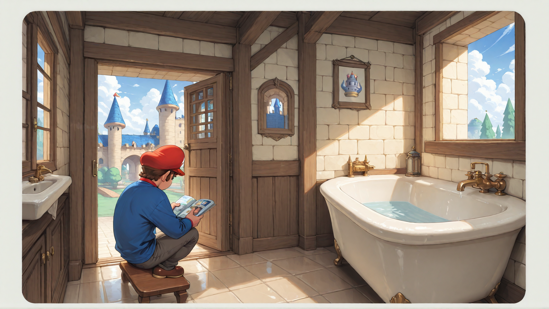 AI generated wallpaper featuring boy, book, bathtub, castle, window, sink, stool, tiles, framed picture, door
