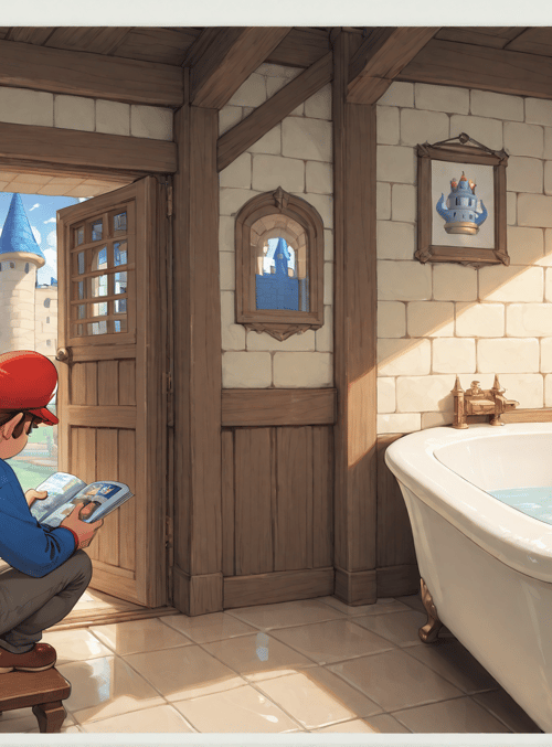 boy, book, bathtub, castle, window, sink, stool, tiles, framed picture, door