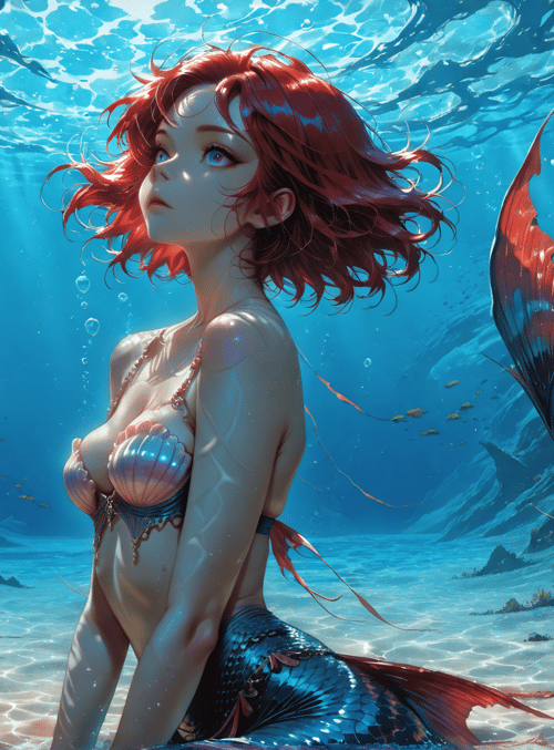 mermaid, ocean, coral, seashell, fish, sunlight, underwater, tail, hair, water