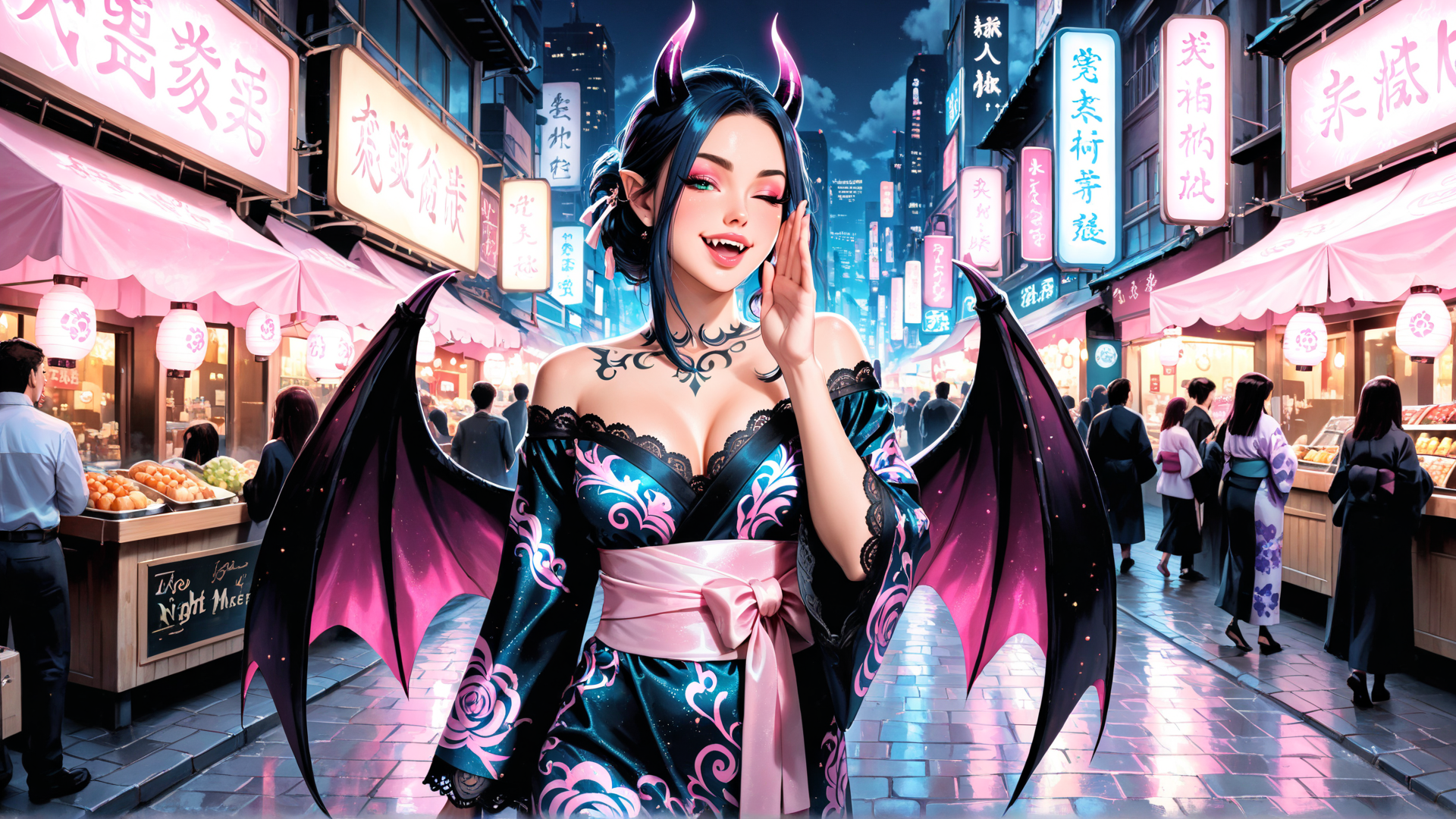 AI generated wallpaper featuring devil, woman, demon, devil wings, kimono, street, market, neon, signs, crowd