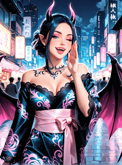 devil, woman, demon, devil wings, kimono, street, market, neon, signs, crowd