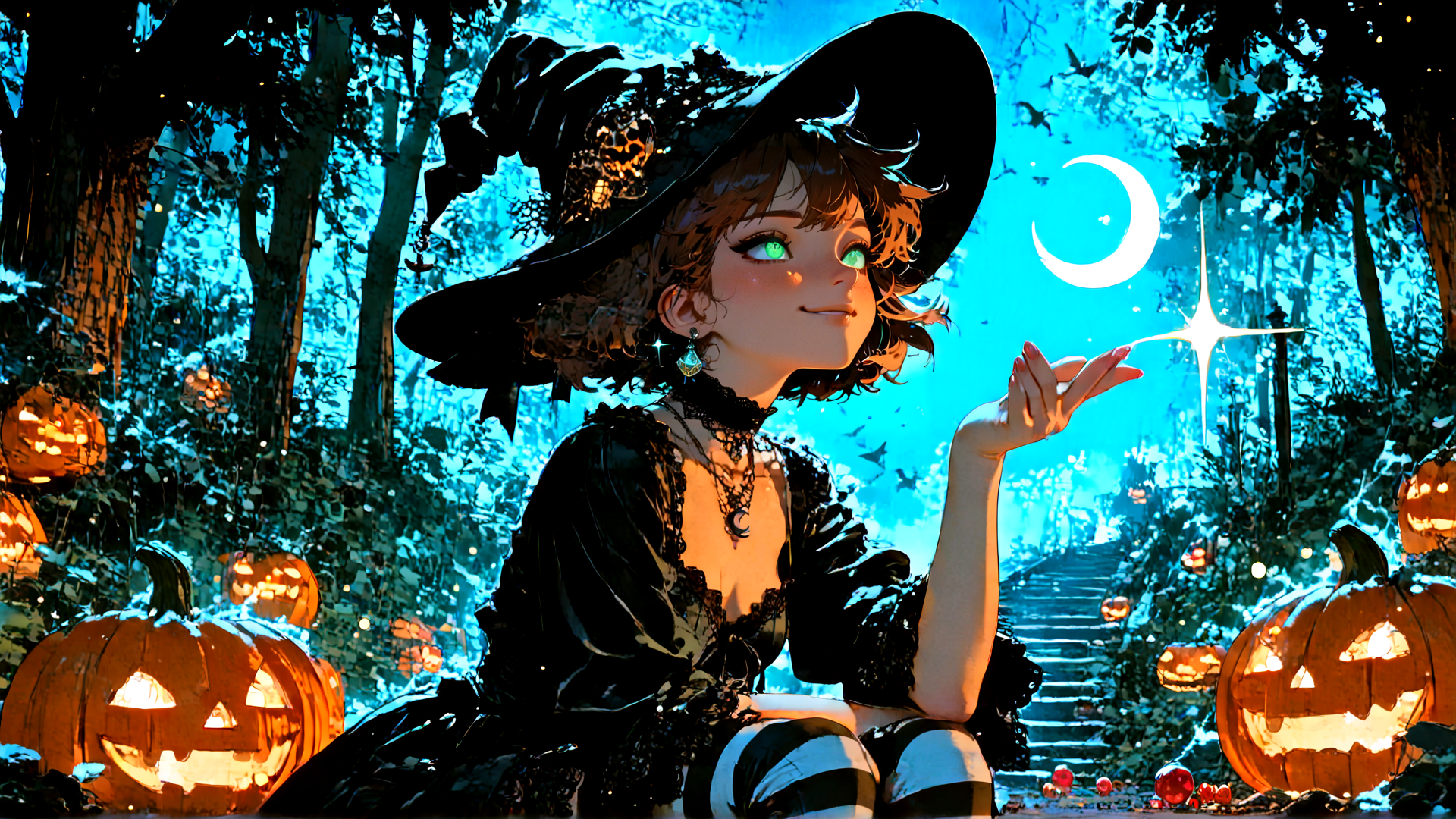 AI generated wallpaper featuring witch, pumpkin, forest, moon, stars, candle, halloween, trees, bats, lighthouse