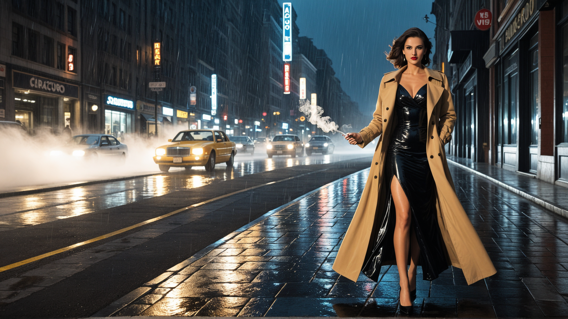 AI generated wallpaper featuring woman, trench coat, car