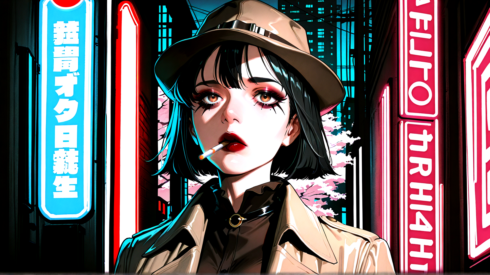 AI generated wallpaper featuring woman, hat, cigarette, jacket, neon sign, cityscape, sakura, building, nurse, futuristic