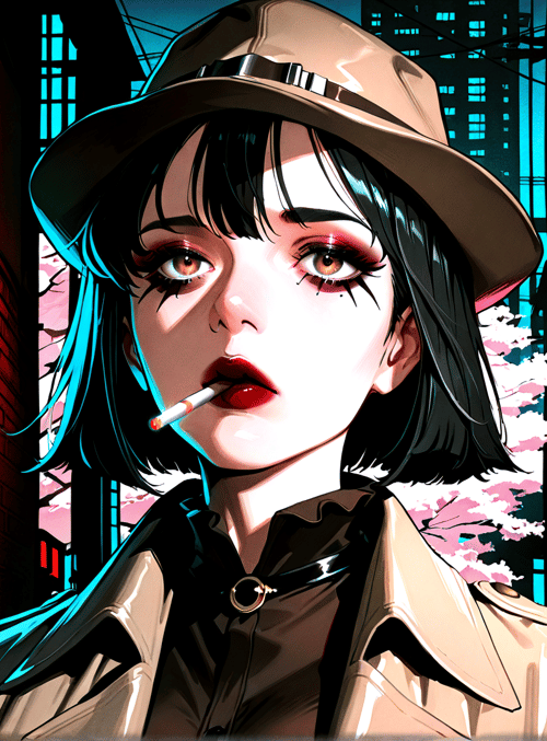 woman, hat, cigarette, jacket, neon sign, cityscape, sakura, building, nurse, futuristic