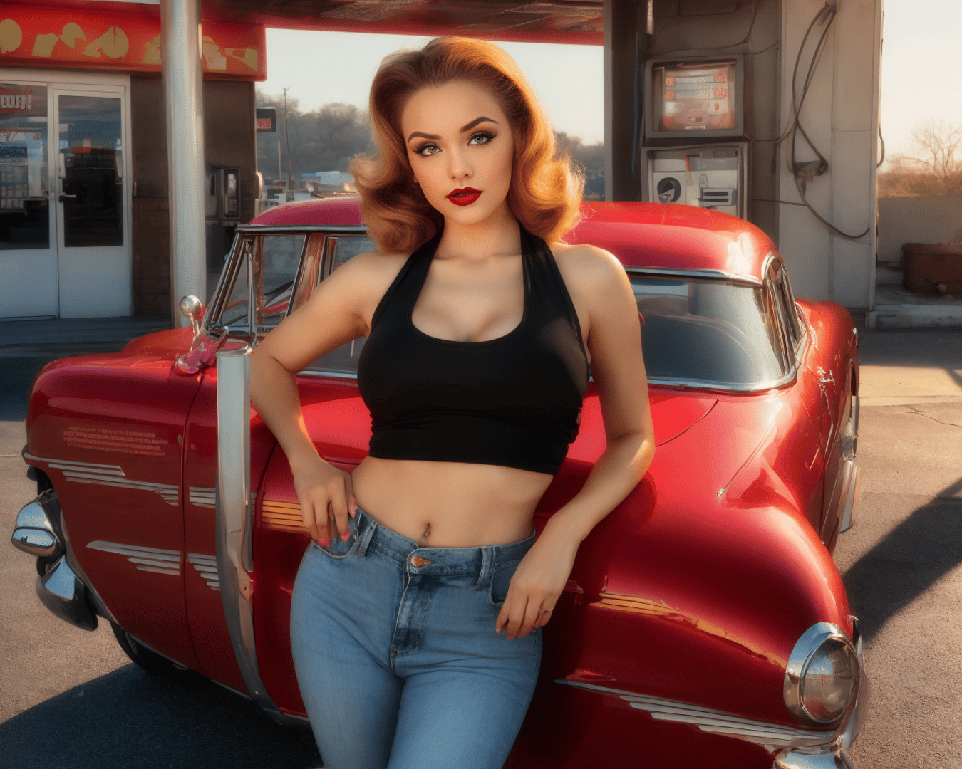 AI generated wallpaper featuring woman, classic car