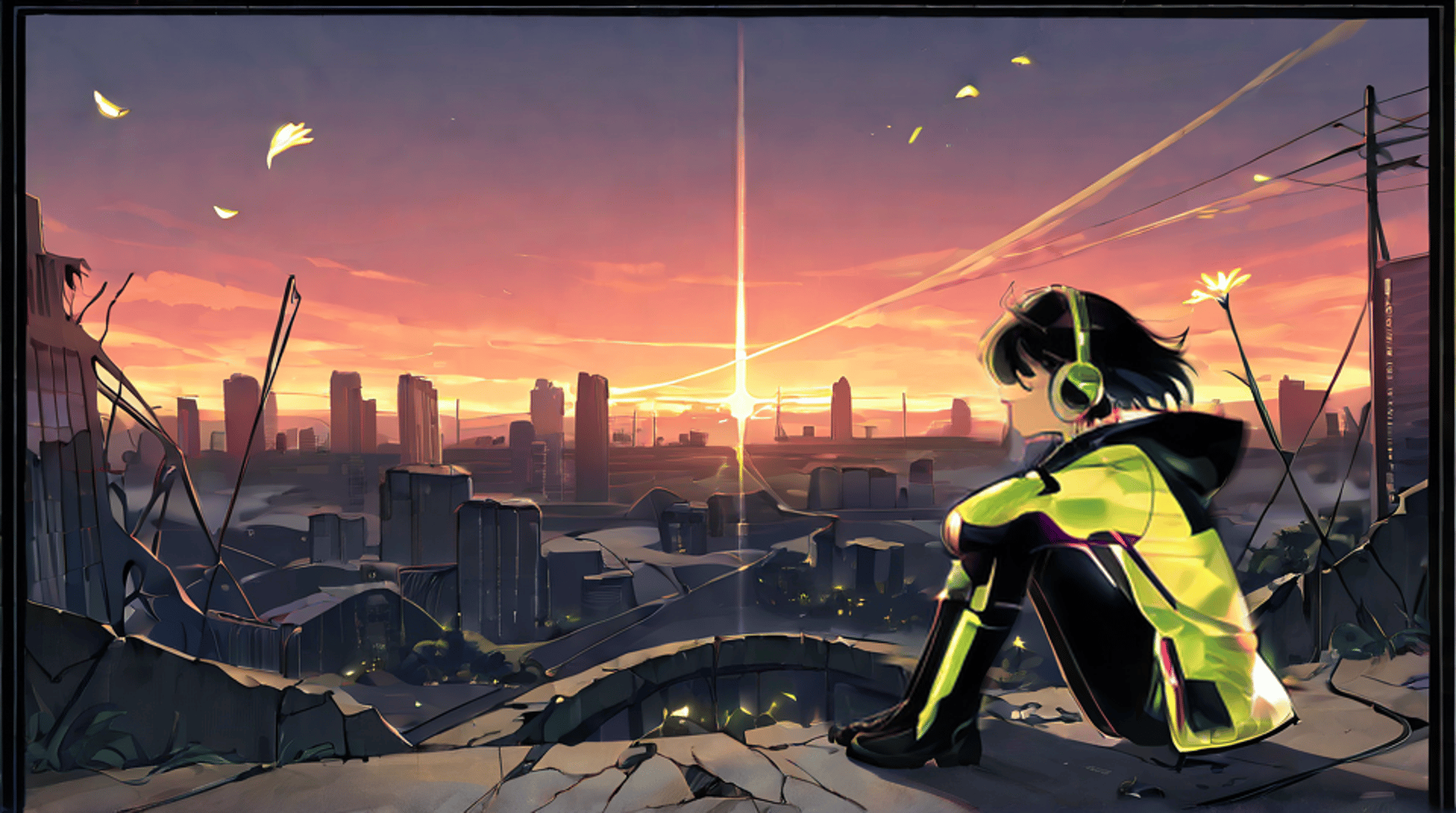 AI generated wallpaper featuring person, cityscape, sunrise