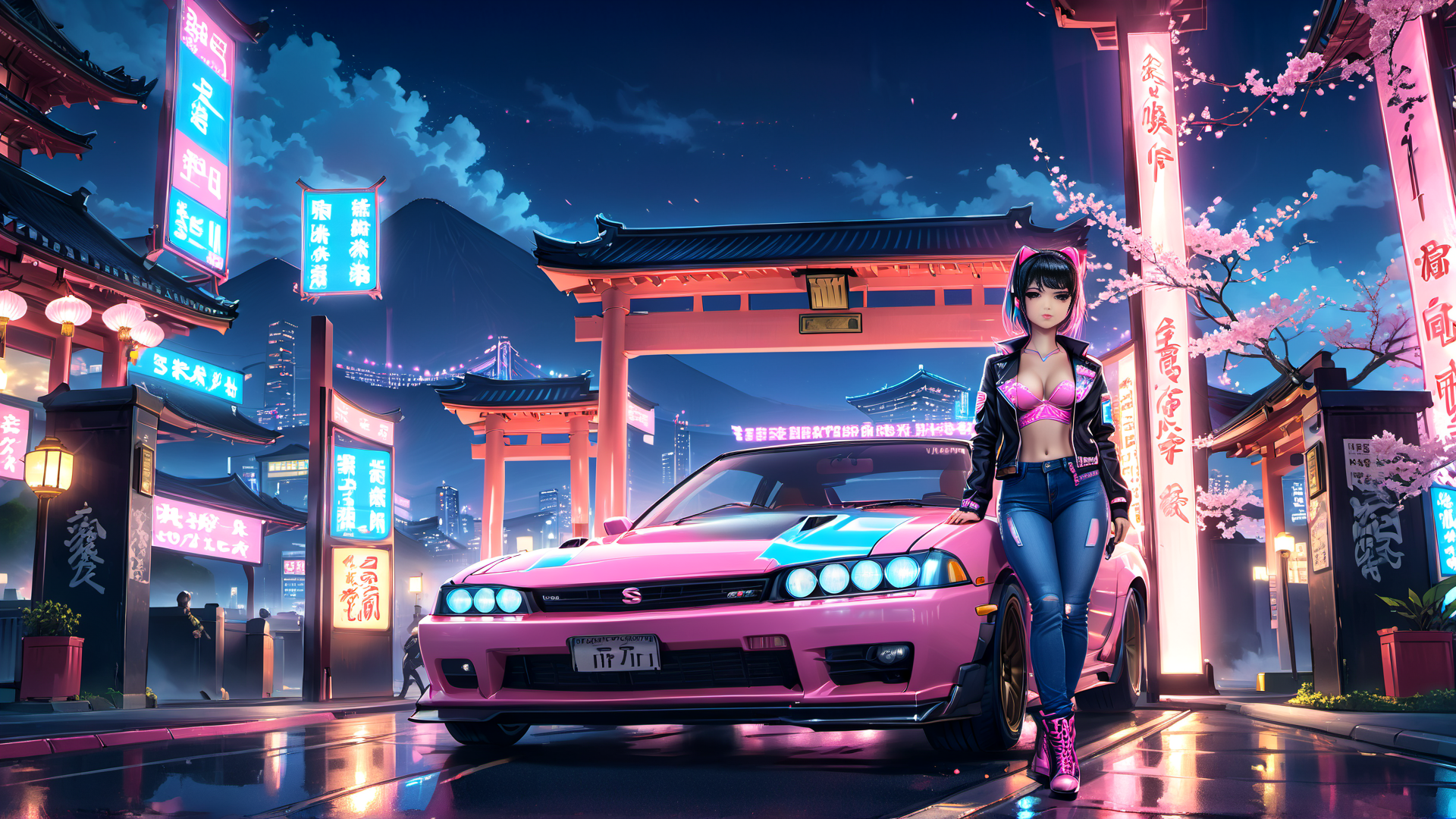 AI generated wallpaper featuring girl, car, shrine