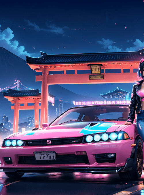 girl, car, shrine