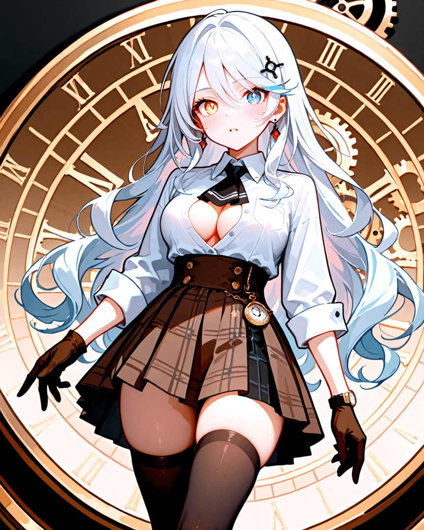 AI generated wallpaper featuring anime girl, clock, gloves, skirt, tie, gears, watch, hair, ears, nose