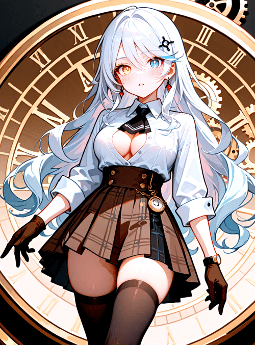 anime girl, clock, gloves, skirt, tie, gears, watch, hair, ears, nose