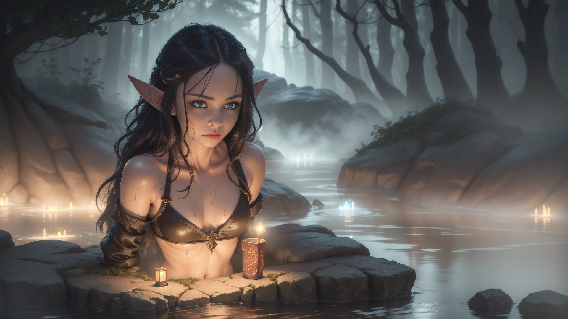 AI generated wallpaper featuring elf, water, candle