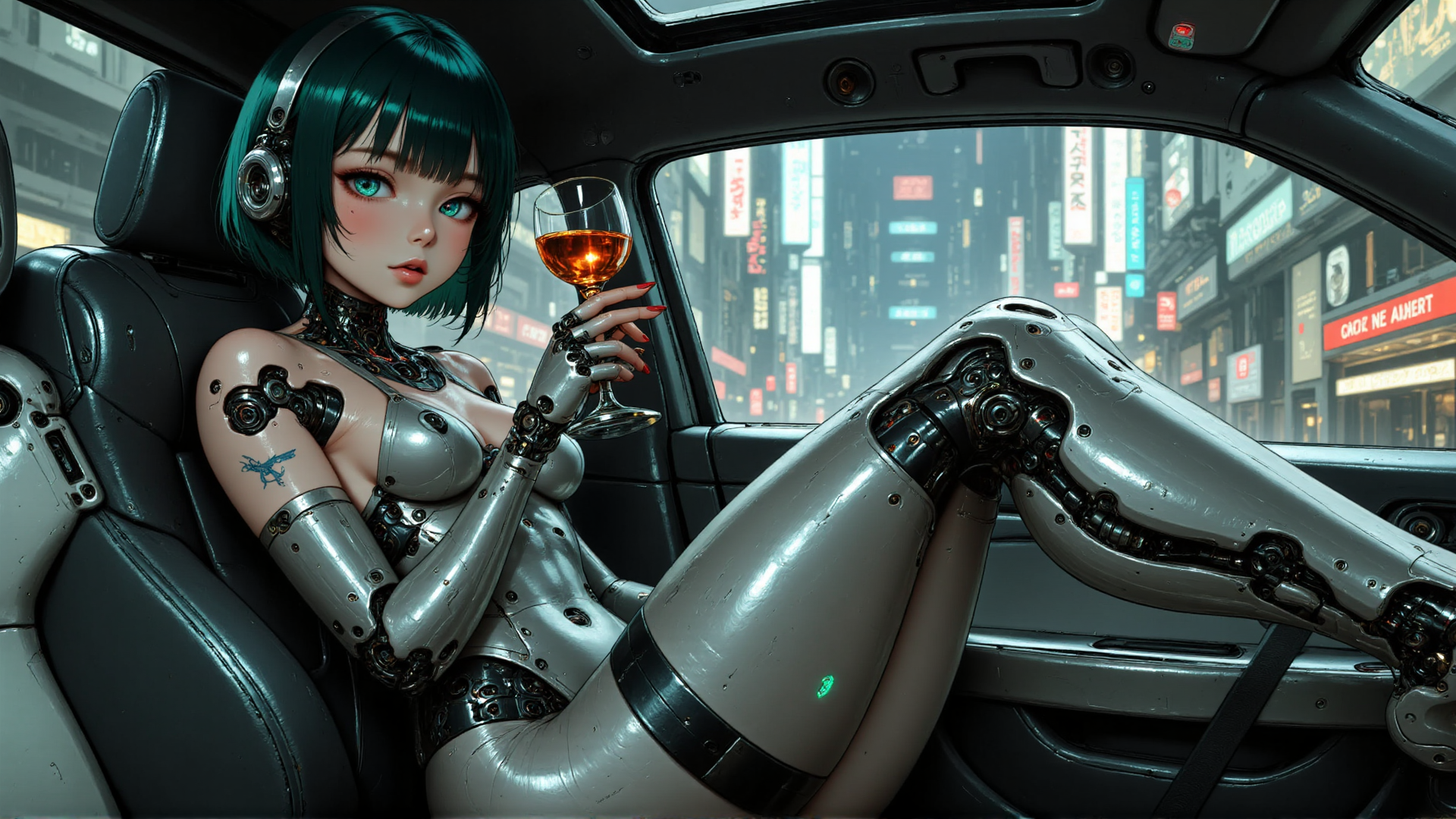 AI generated wallpaper featuring robot, woman, car, wine glass, cityscape