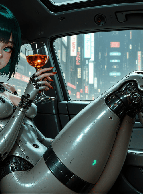 robot, woman, car, wine glass, cityscape