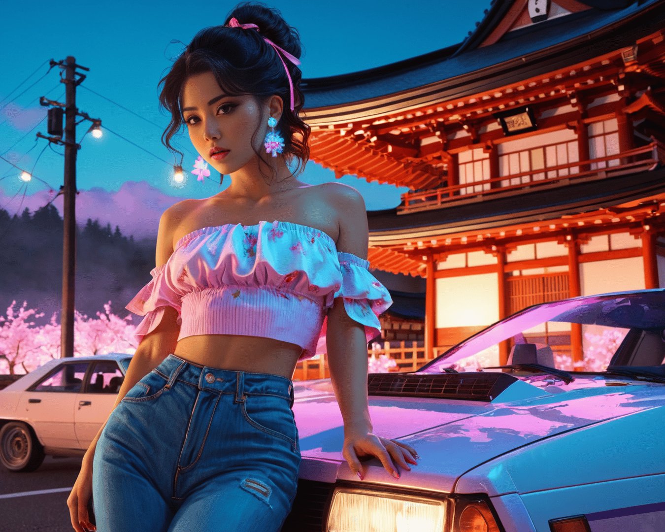 AI generated wallpaper featuring woman, car, temple