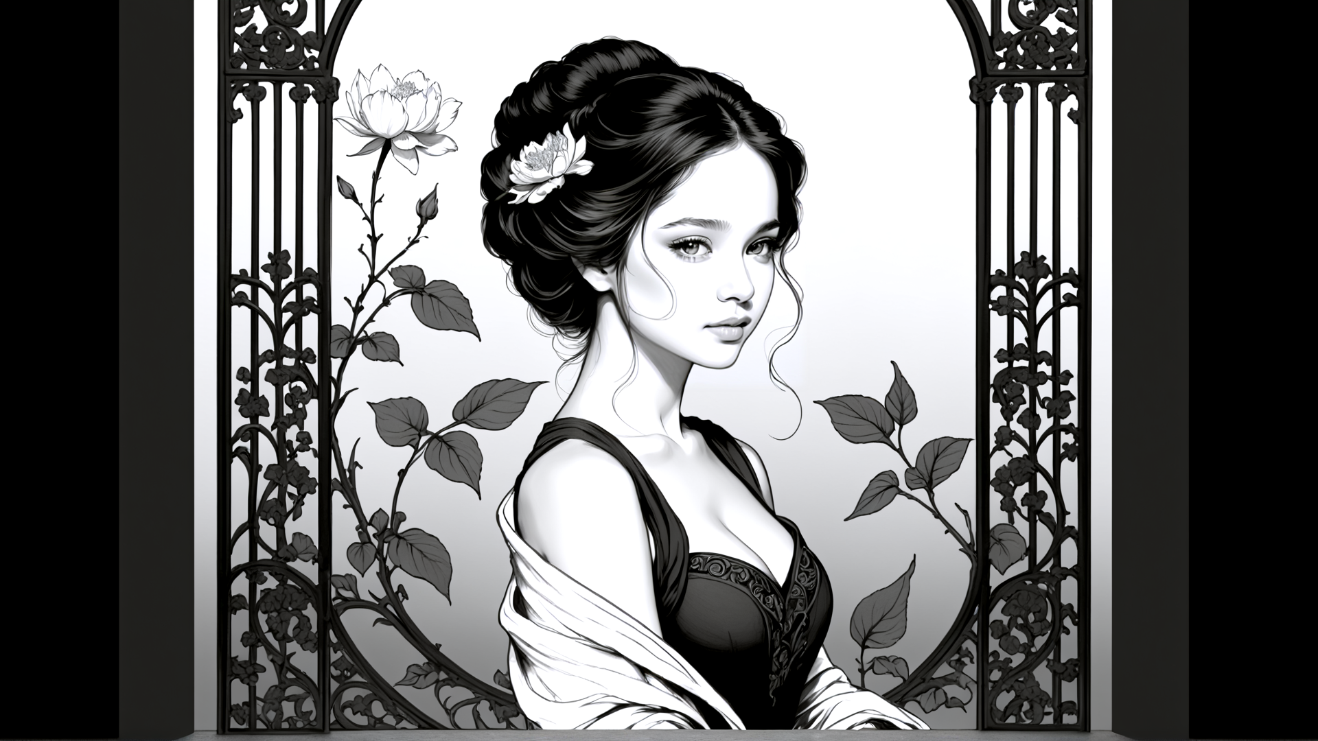 AI generated wallpaper featuring woman, flower, dress, hair, garden, fence, bouquet, robe, bridal, garden