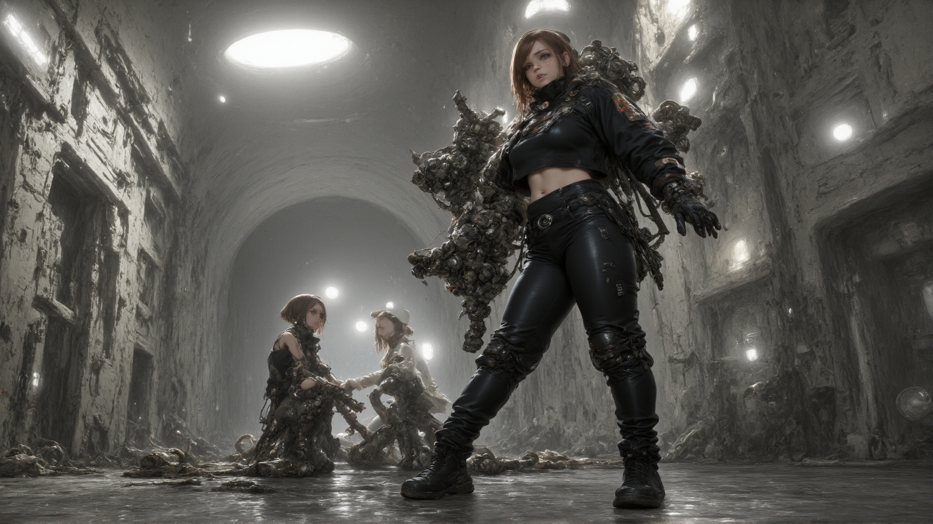 AI generated wallpaper featuring women, armor, cave, figures, cables, gloves, leather, suits, hazmat, lighting