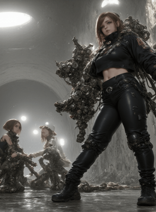 women, armor, cave, figures, cables, gloves, leather, suits, hazmat, lighting