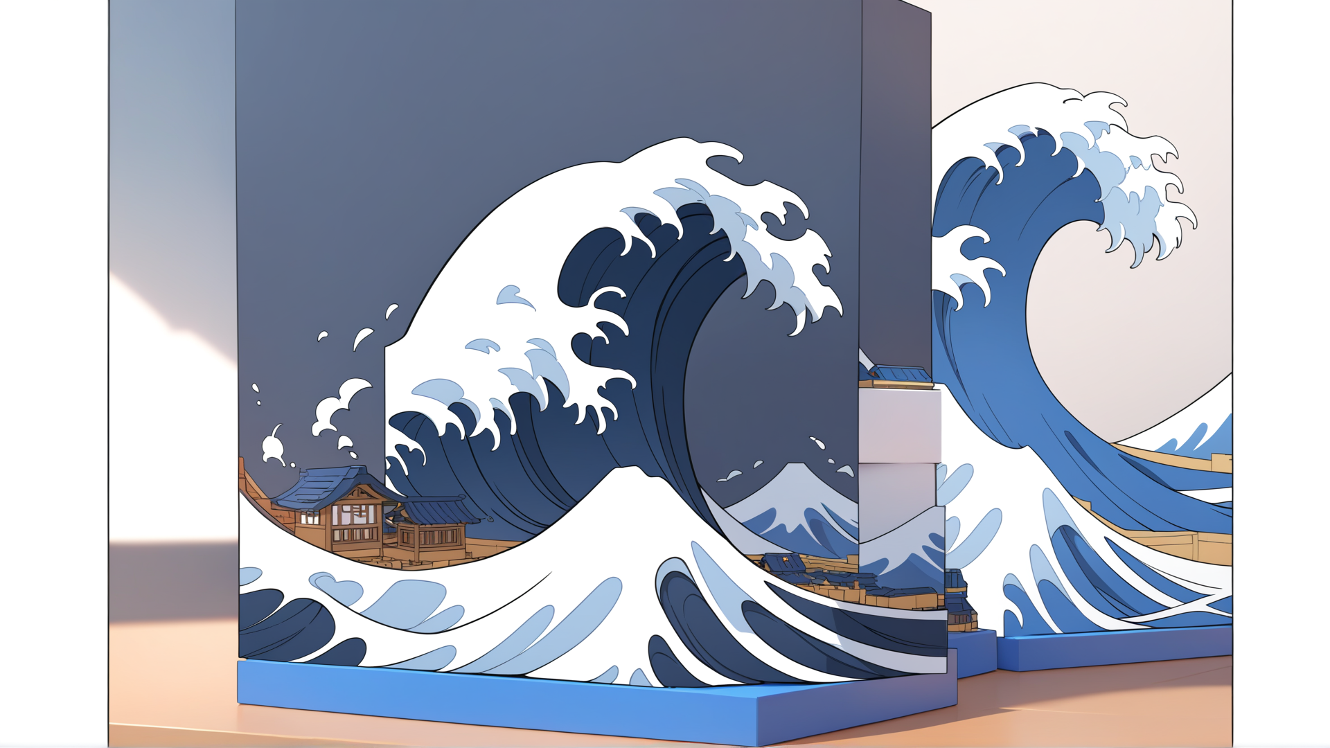 AI generated wallpaper featuring wave, building, mountain