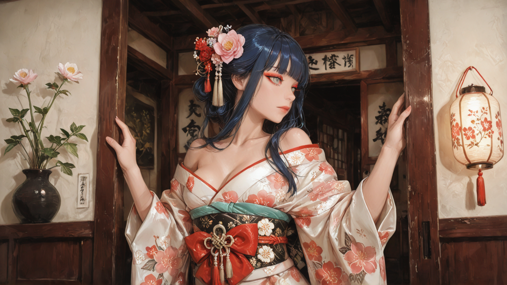 AI generated wallpaper featuring woman, kimono, door, flower, lantern, vase