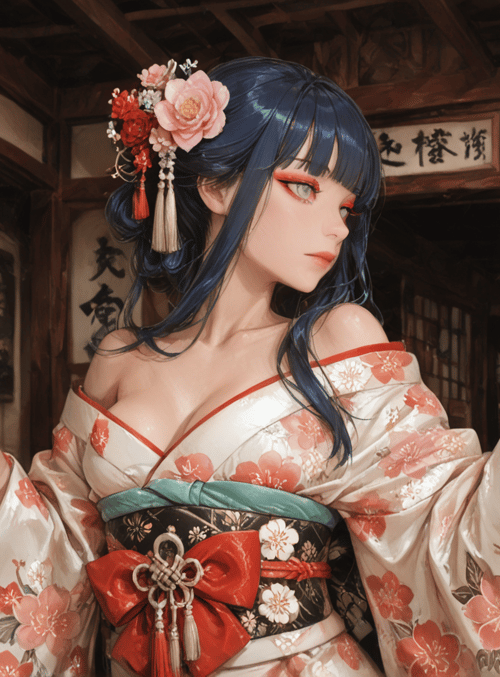 woman, kimono, door, flower, lantern, vase