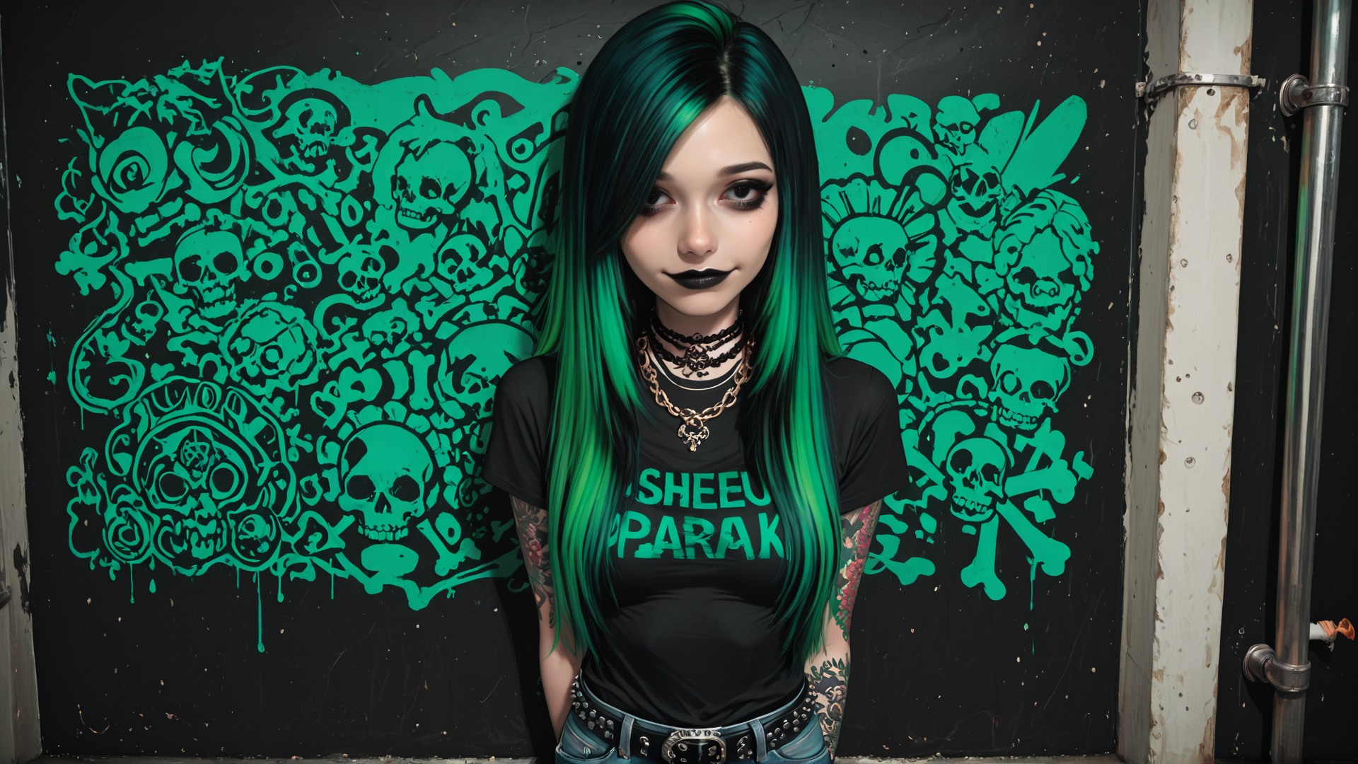 AI generated wallpaper featuring woman, graffiti, skulls, tattoo, choker, chain, shirt, belt, hair, jeans