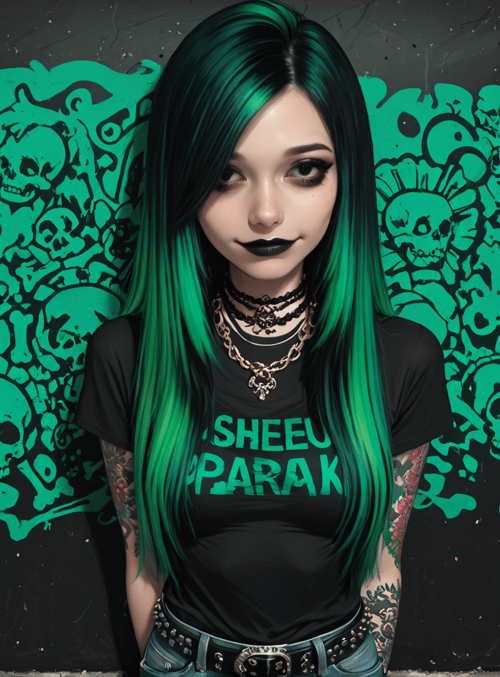 woman, graffiti, skulls, tattoo, choker, chain, shirt, belt, hair, jeans