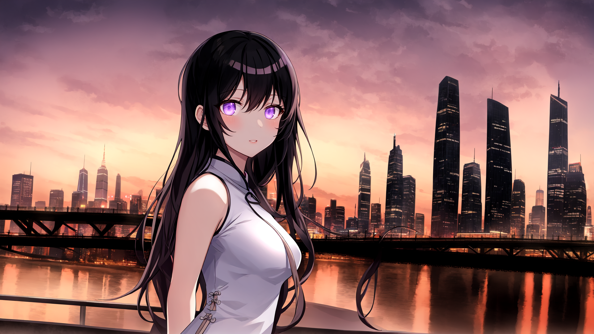 AI generated wallpaper featuring anime girl, cityscape, bridge