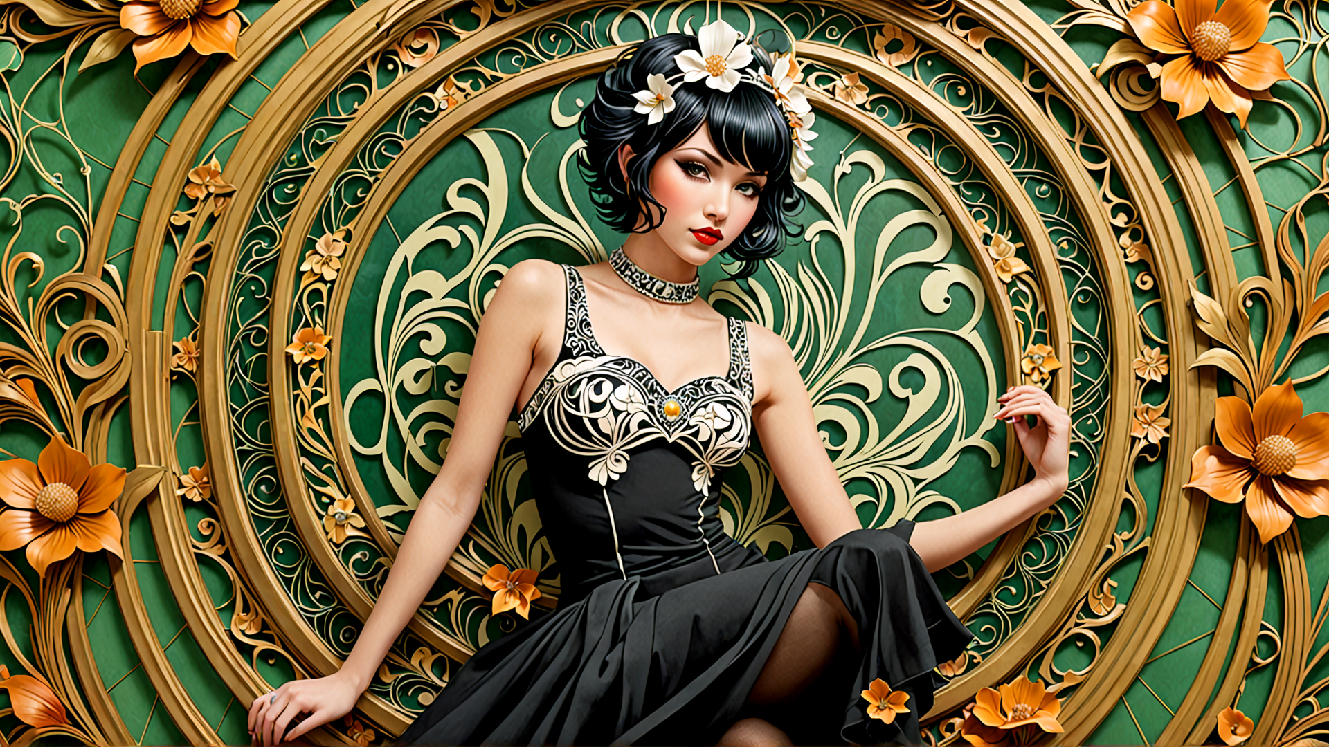 AI generated wallpaper featuring woman, dress, flowers, frame, choker