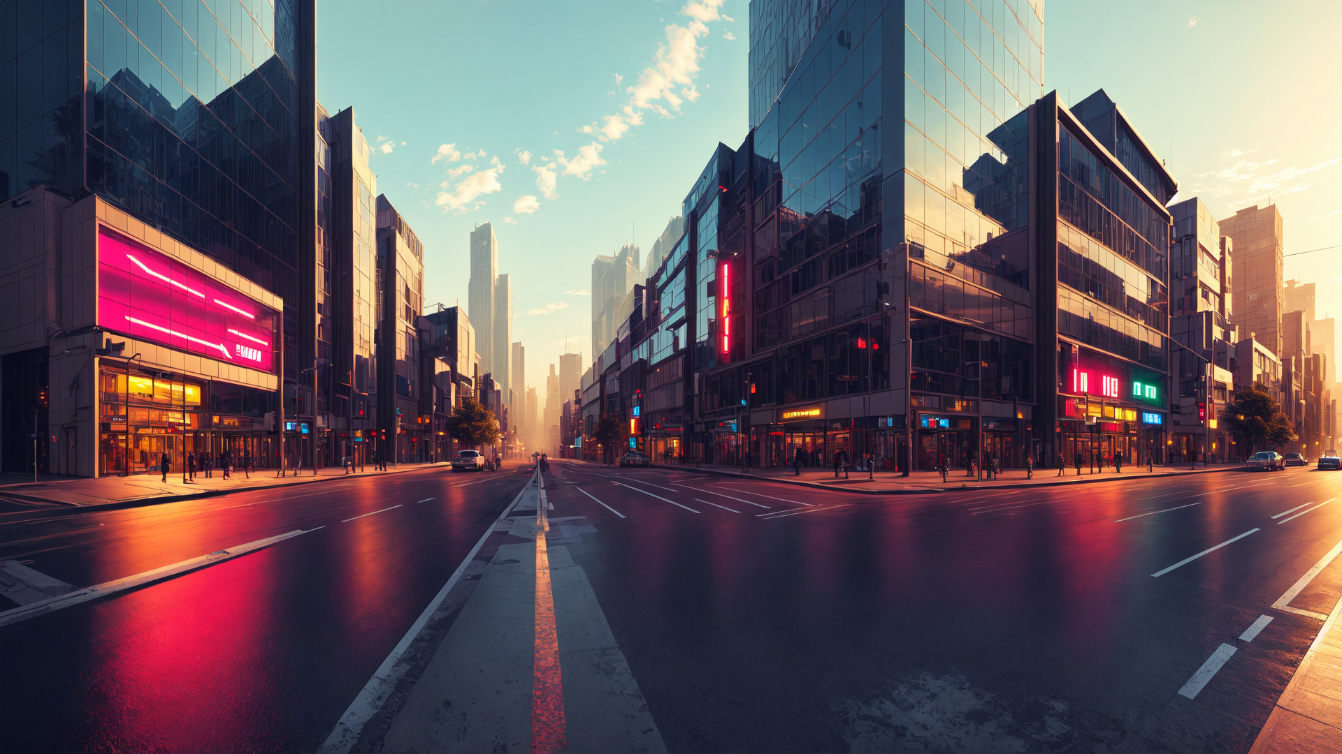 AI generated wallpaper featuring city, street, buildings, skyline, neon, cars, people, banners, roads, signs