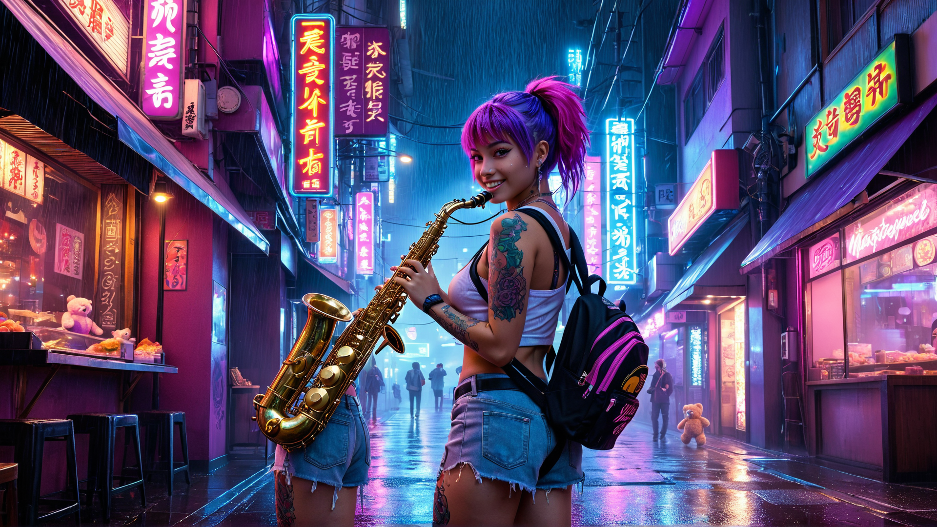 AI generated wallpaper featuring saxophonist, girl, street