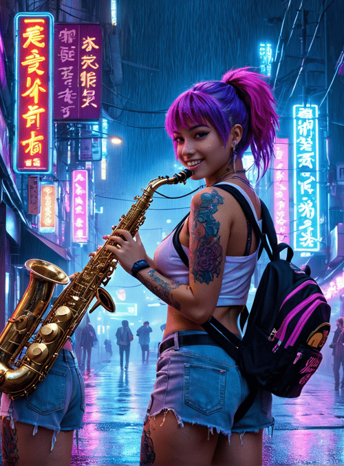 saxophonist, girl, street
