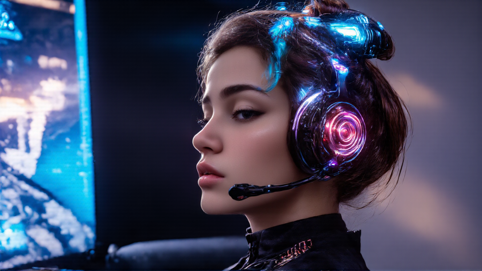 AI generated wallpaper featuring cyberpunk, gamer, woman