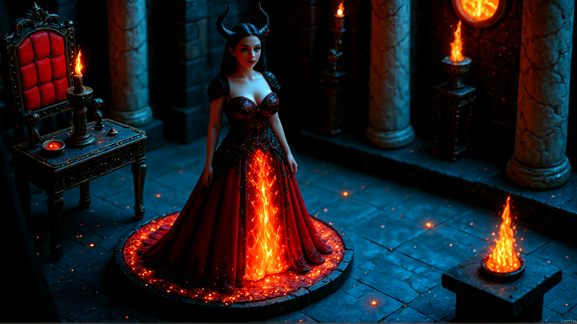 AI generated wallpaper featuring demon, woman, candle, fire, dress, chair, columns, stone, floor, torch