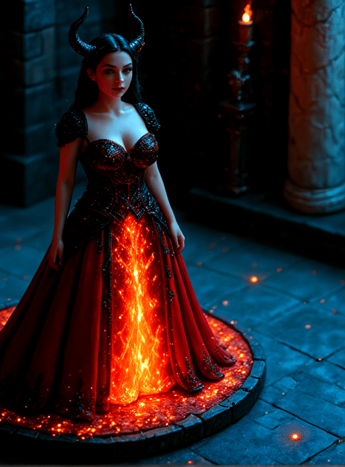 demon, woman, candle, fire, dress, chair, columns, stone, floor, torch