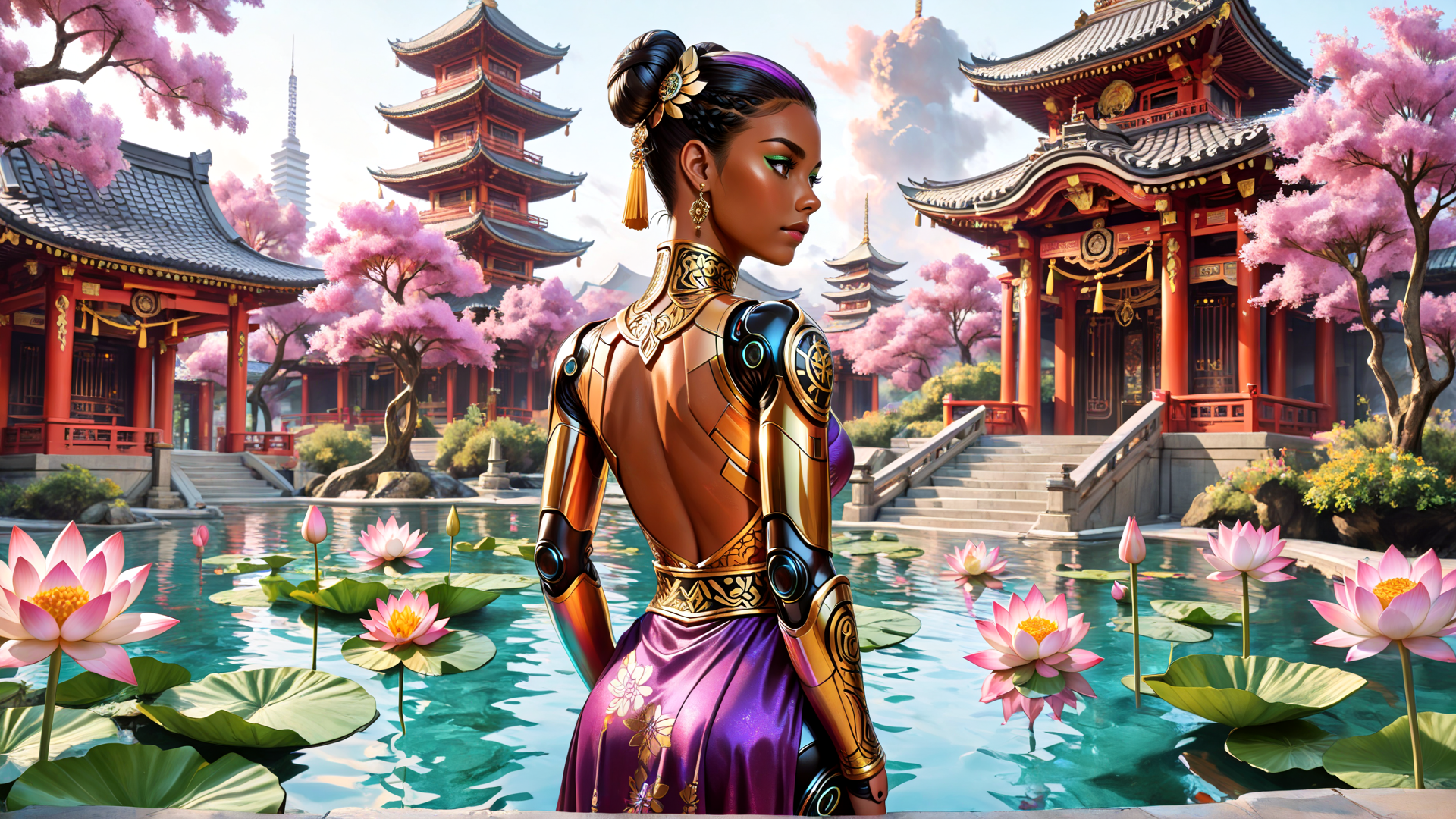 AI generated wallpaper featuring woman, chinese architecture, lotus, sakura, armor, garden