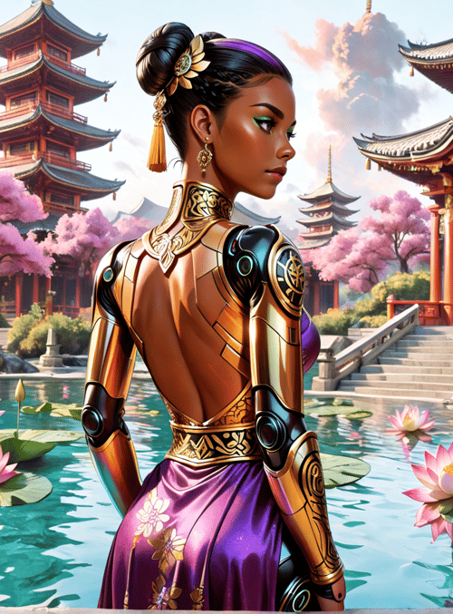 woman, chinese architecture, lotus, sakura, armor, garden