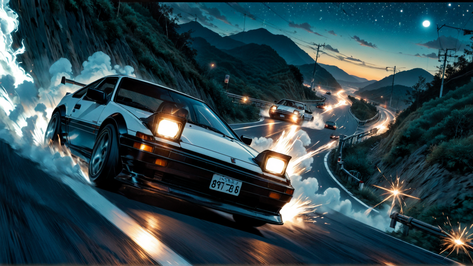 AI generated wallpaper featuring cars, road, mountains, night sky, stars, moon, smoke, sparkles, power, speed