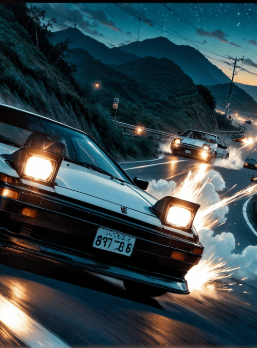 cars, road, mountains, night sky, stars, moon, smoke, sparkles, power, speed